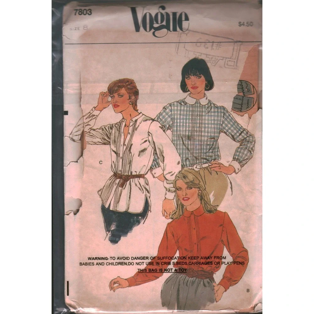 Vogue 7803 Vintage 80s Misses Blouse Sewing Pattern Size 8 Front Tucks Cuffs